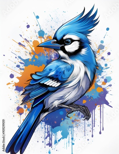 Psychadelic theme Blue Jay. Spirit Animal totem guide illustration Isolated on white photo