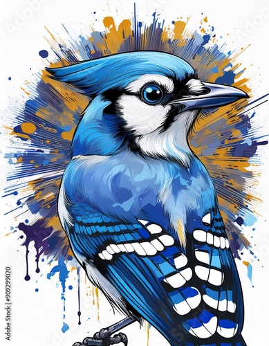 Psychadelic theme Blue Jay. Spirit Animal totem guide illustration Isolated on white photo