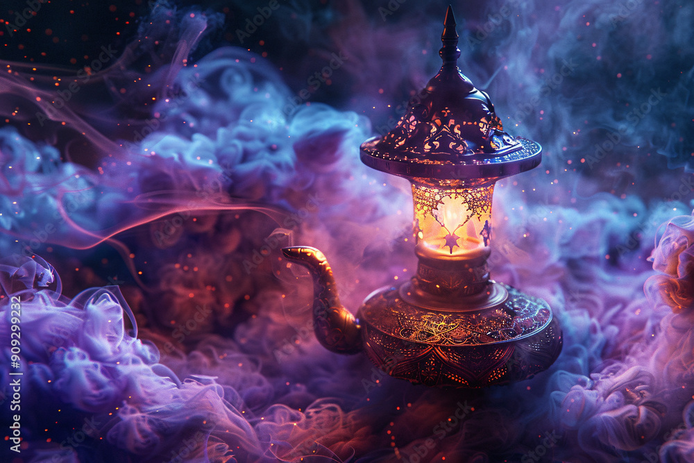ornate fantasy lamp emits a swirl of purple and blue smoke, creating an enchanting, magical scene with a mysterious glow ornate fantasy lamp emits a swirl of purple and blue smoke, creating an enchanting, magical scene with a mysterious glow