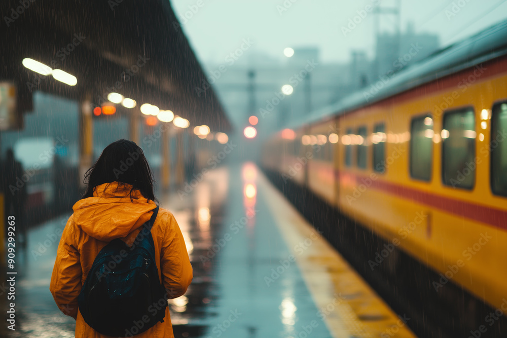 Person in Raincoat Waiting at Rainy Train Station Person in Raincoat Waiting at Rainy Train Station