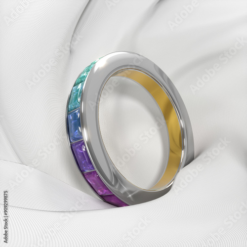 Fotografia Eternity multicolor gemstone ring in white fabric folds