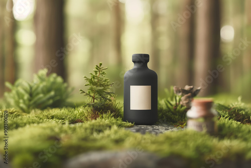 Black Bottle on Mossy Forest Floor with Blank Label photo