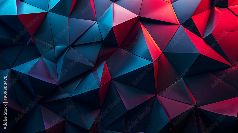 Fototapeta premium Dark abstract wallpaper with polygonal shapes in the style of 3D geometry design, blue and red geometric texture