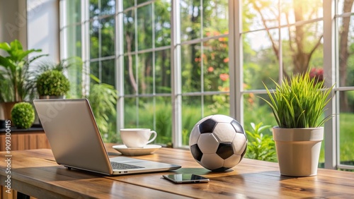 Laptop  Soccer Ball  and Coffee on Wooden Table by Window  home office   work from home   remote work   soccer fan