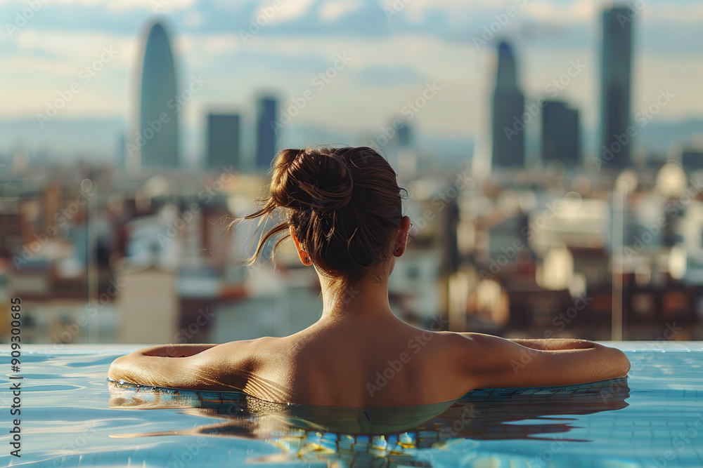 Back view of young woman relaxing in rooftop pool with city view Back view of young woman relaxing in rooftop pool with city view
