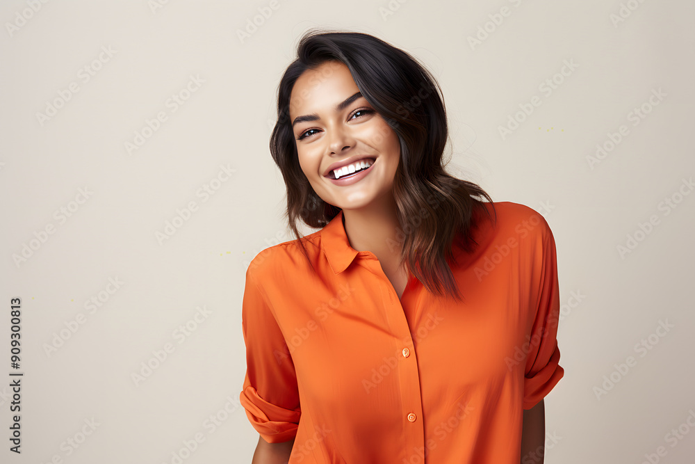 beautiful female model wearing orange shirt smiling looking into the camera on clear background, portrait of a woman smiling beautiful female model wearing orange shirt smiling looking into the camera on clear background, portrait of a woman smiling