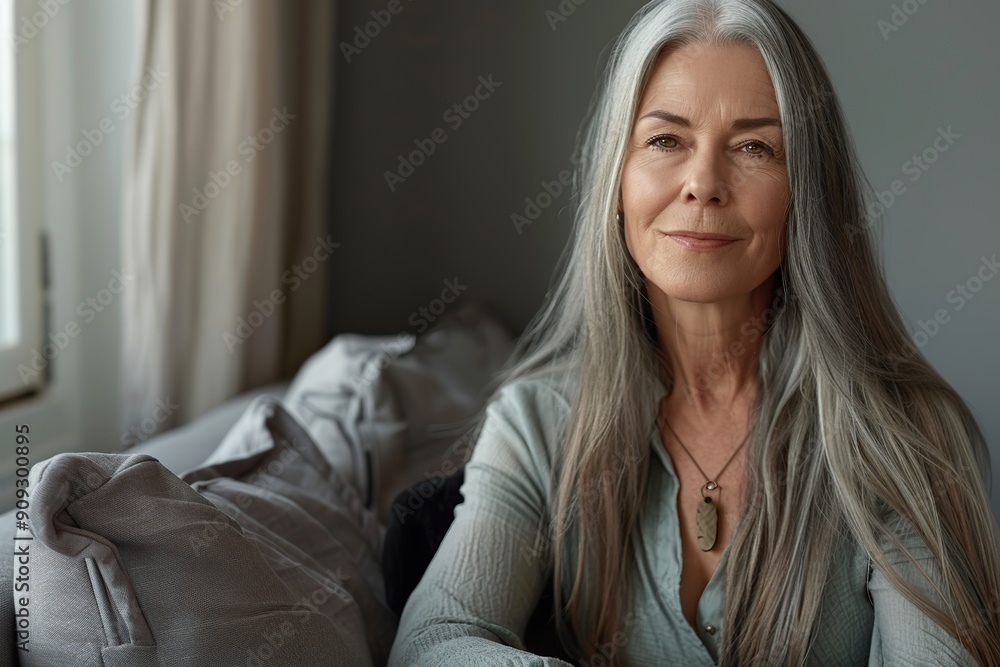 Portrait of attractive mature woman with long gray hair sitting of sofa at home Portrait of attractive mature woman with long gray hair sitting of sofa at home