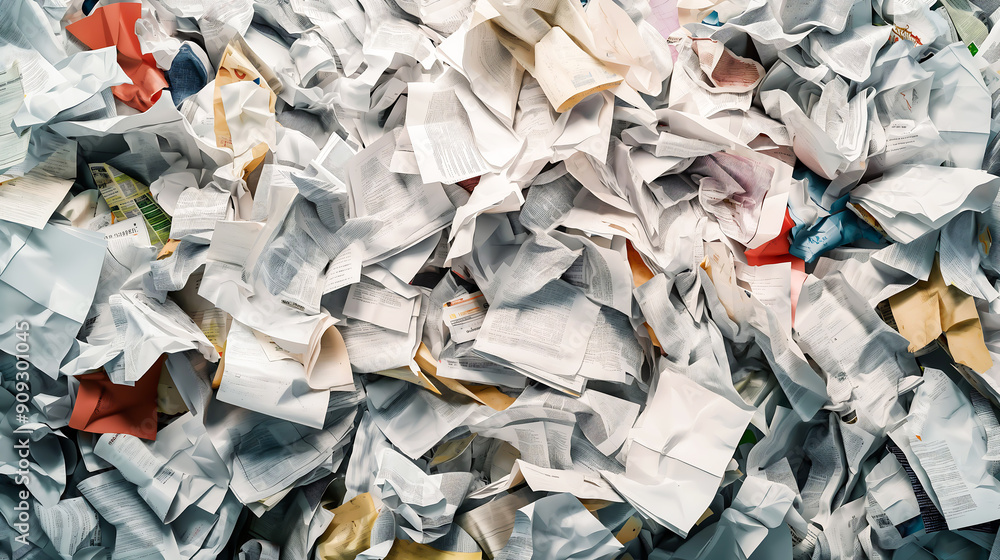 A large pile of crumpled papers and documents, suggesting a cluttered or disorganized environment A large pile of crumpled papers and documents, suggesting a cluttered or disorganized environment
