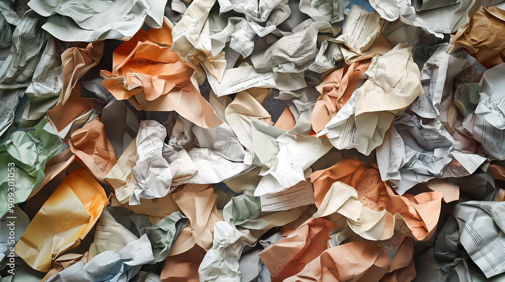 A large pile of crumpled papers and documents, suggesting a cluttered or disorganized environment A large pile of crumpled papers and documents, suggesting a cluttered or disorganized environment