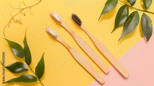 Toothbrush bamboo on yellow and peach background photo