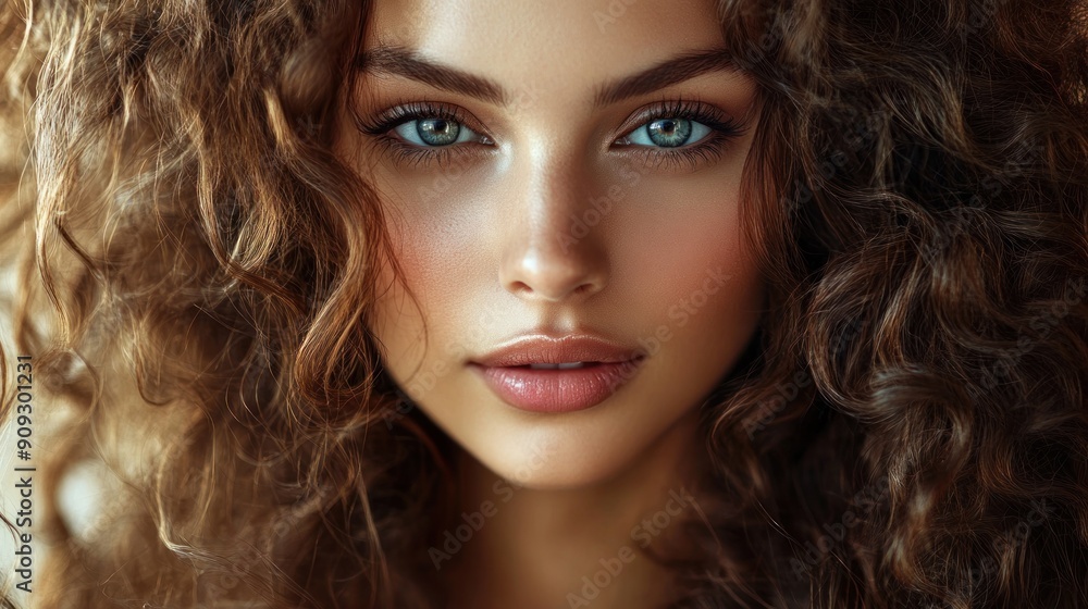 Close-up Portrait of a Woman with Curly Hair and Blue Eyes Close-up Portrait of a Woman with Curly Hair and Blue Eyes