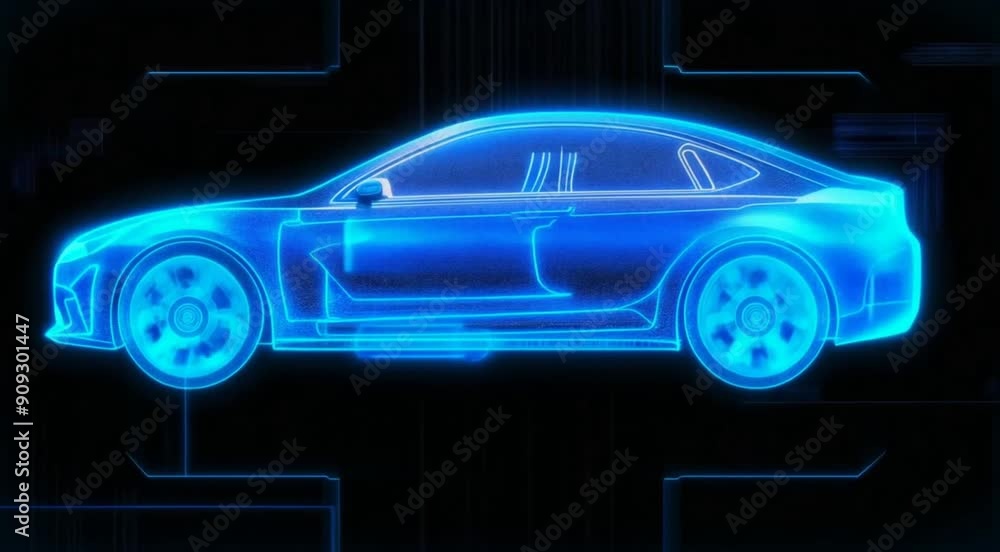 A futuristic car, seemingly made of translucent and shimmering materials, which appear to be dispersing or merging into a digital, abstract form. The car is positioned on the right side A futuristic car, seemingly made of translucent and shimmering materials, which appear to be dispersing or merging into a digital, abstract form. The car is positioned on the right side
