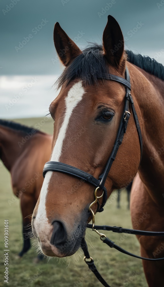 Fototapeta premium A close-up portrait of a horse with a sleek mane, surrounded by the peaceful embrace of a quiet meadow, capturing the essence of equine elegance