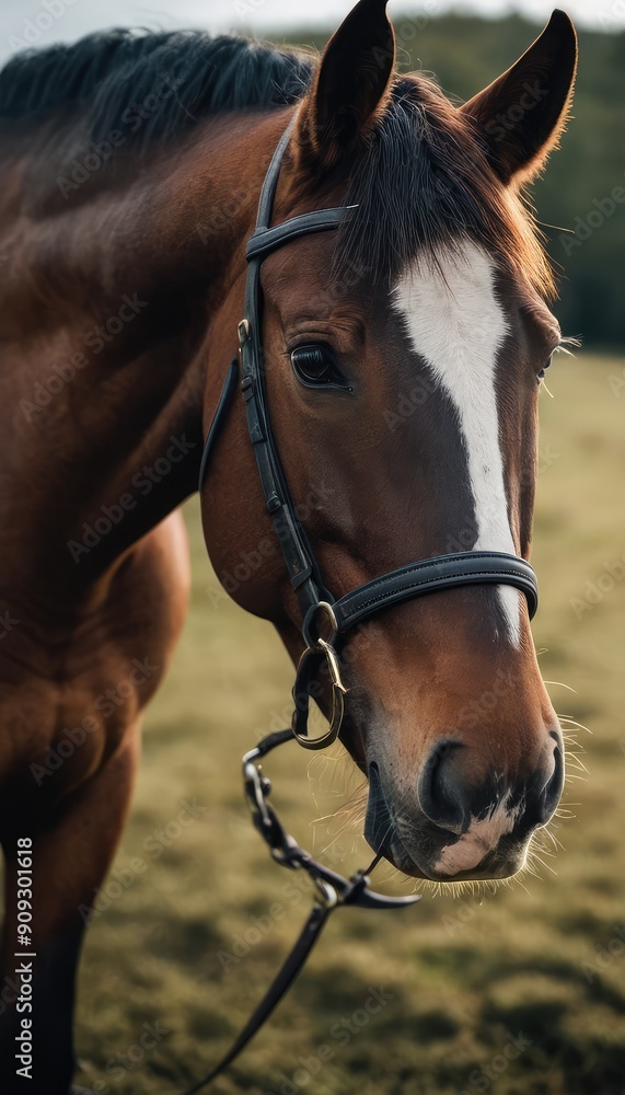 Obraz premium A close-up portrait of a horse with a sleek mane, surrounded by the peaceful embrace of a quiet meadow, capturing the essence of equine elegance