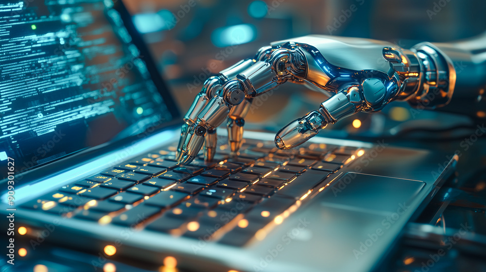 A robotic arm interacts with a computer keyboard, illustrating the integration of robotics and artificial intelligence in modern computing. A robotic arm interacts with a computer keyboard, illustrating the integration of robotics and artificial intelligence in modern computing.