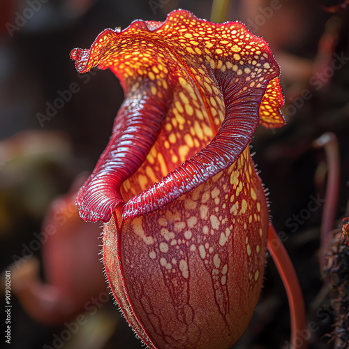 Close up of a Nepenthes pitcher plant with its distinctive shape and color, showcasing its exotic appearance. photo