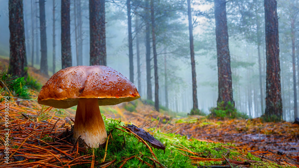 beautiful brown mushroom growing in pine trees forest against tree background. beautiful brown mushroom growing in pine trees forest against tree background.
