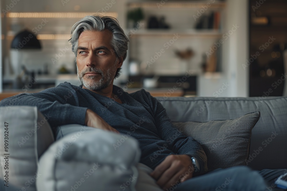 Portrait of mature man with grey hair sitting on sofa at home Portrait of mature man with grey hair sitting on sofa at home