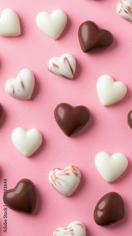 Heart-shaped chocolates on a pink background, sweet and romantic concept Heart-shaped chocolates on a pink background, sweet and romantic concept