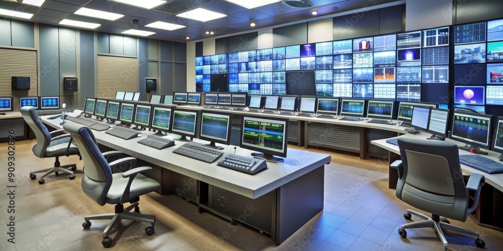 Security Control Room with Large Screen Monitors and Workstations, security , surveillance , control room , monitors Security Control Room with Large Screen Monitors and Workstations, security , surveillance , control room , monitors