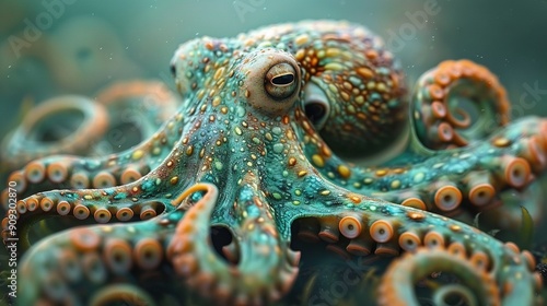  A close-up of an octopus's head with numerous bubbles on its face and body