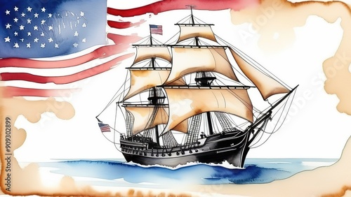 Concept for celebrating Columbus Day in the USA. Frigate or coracle with sails, world map, USA flag, Columbus Day banner, sea voyage photo