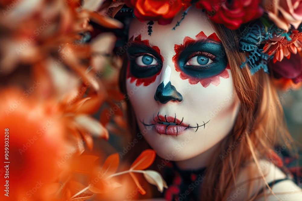 Young woman with sugar skull makeup, parade in Mexico city, makeup for day of the dead Young woman with sugar skull makeup, parade in Mexico city, makeup for day of the dead