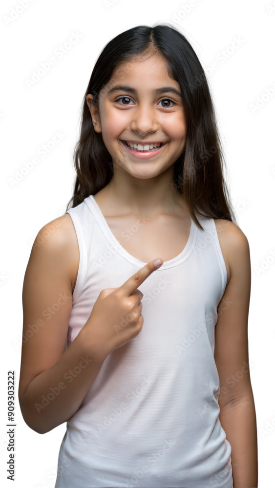 Cheerful Girl Smiling and Pointing While Standing Against Transparent Background Cheerful Girl Smiling and Pointing While Standing Against Transparent Background