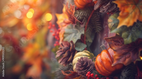 a close-up of a festive fall wreath on a wall, cozy home