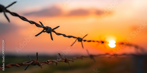 Sunset Through Barbed Wire:  A poignant silhouette of barbed wire against a vibrant sunset, capturing the conflicting emotions of hope and confinement. photo