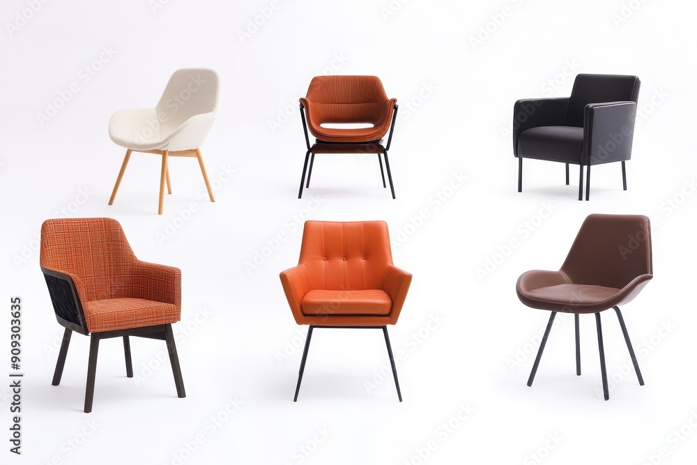 Six unique designer chairs in a grid. Diverse styles and vibrant colors. Showcasing modern furniture design on a plain white background. Six unique designer chairs in a grid. Diverse styles and vibrant colors. Showcasing modern furniture design on a plain white background.