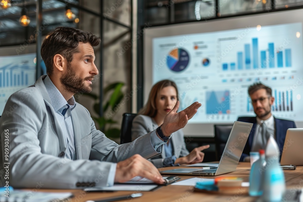 Professional business team working with business graphs and charts in conference room Professional business team working with business graphs and charts in conference room