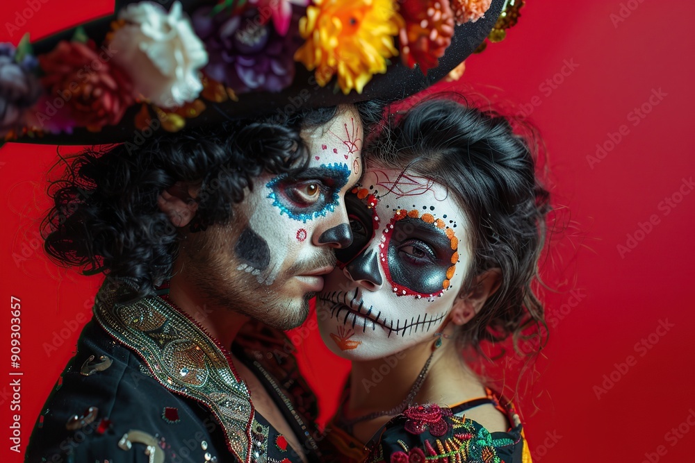 Young couple with sugar skull makeup, parade in Mexico city, makeup for day of the dead Young couple with sugar skull makeup, parade in Mexico city, makeup for day of the dead