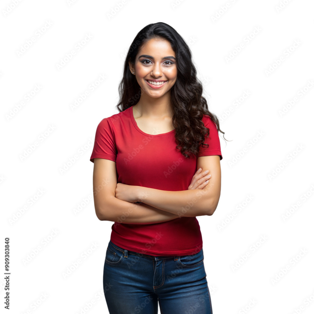 Smiling Young Woman With Long Dark Hair Posing With Arms Crossed on a Transparent Background Smiling Young Woman With Long Dark Hair Posing With Arms Crossed on a Transparent Background
