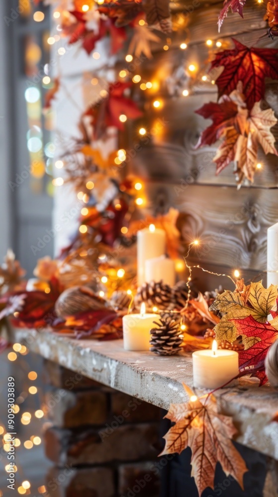 a close-up of a fireplace mantel with autumn garlands and candles, cozy atmosphere a close-up of a fireplace mantel with autumn garlands and candles, cozy atmosphere