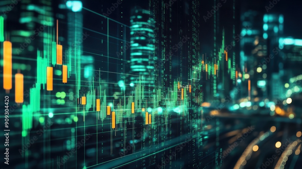 Stock market chart with green and red bars, overlaid on a blurred cityscape at night Stock market chart with green and red bars, overlaid on a blurred cityscape at night