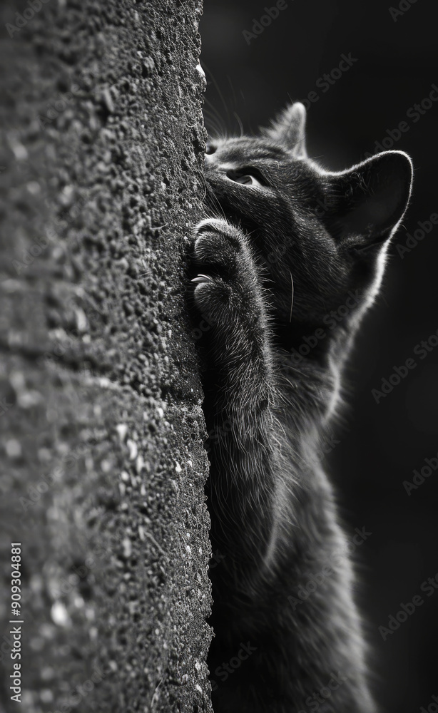 Obraz premium Grey Cat Climbing a Rough Wall During Daylight Hours. A grey cat is climbing a textured wall, using its paws to grip securely as it ascends.