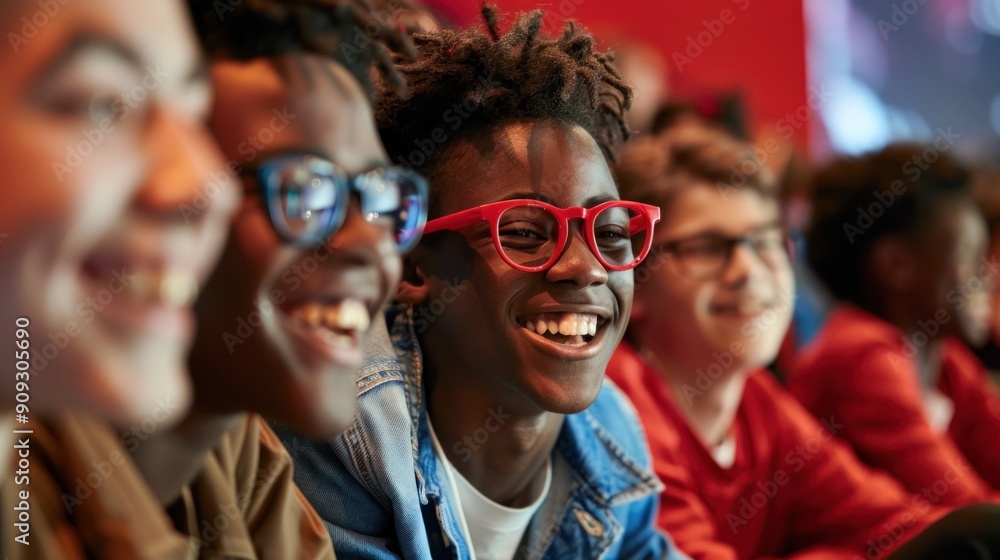 a group of teenagers in a theater, enjoying each other's company while watching a movie a group of teenagers in a theater, enjoying each other's company while watching a movie