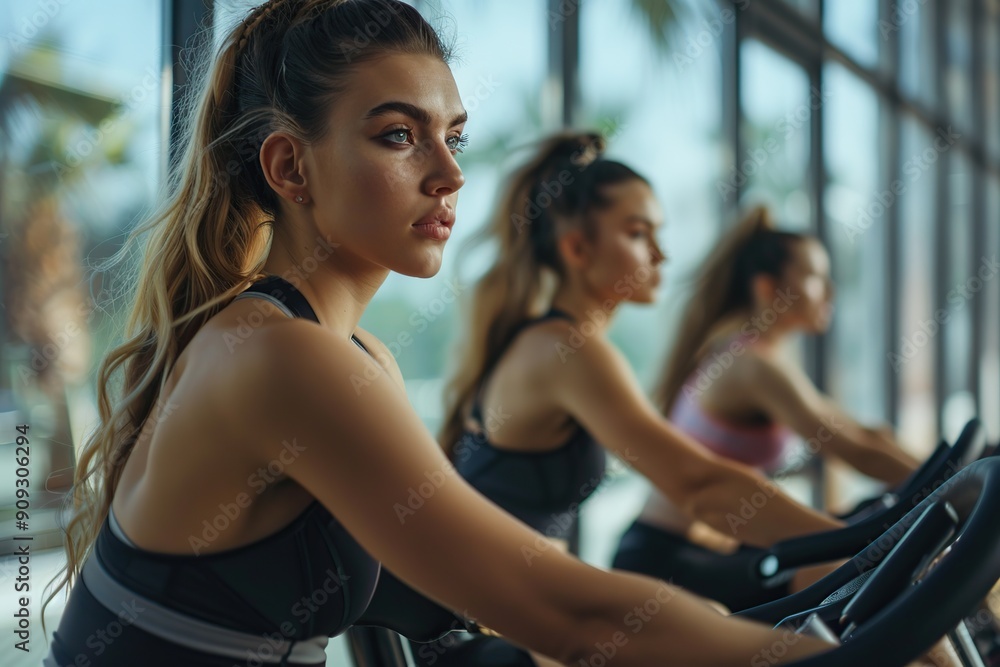 Young women riding spinning bikes in modern fitness club Young women riding spinning bikes in modern fitness club