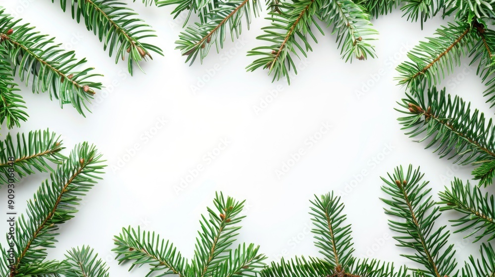 Christmas tree border frame with natural fir on white background space for text Christmas tree border frame with natural fir on white background space for text