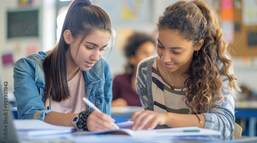 Female teacher assisting a student with a project in a bright classroom, copy space Female teacher assisting a student with a project in a bright classroom, copy space