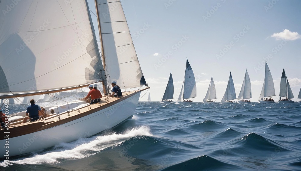Fototapeta premium A sailboat races across the open sea in bright sunlight, with a competitive sailor adjusting the sails to catch the wind, while churning waves and whipping winds add to the dynamic scene.