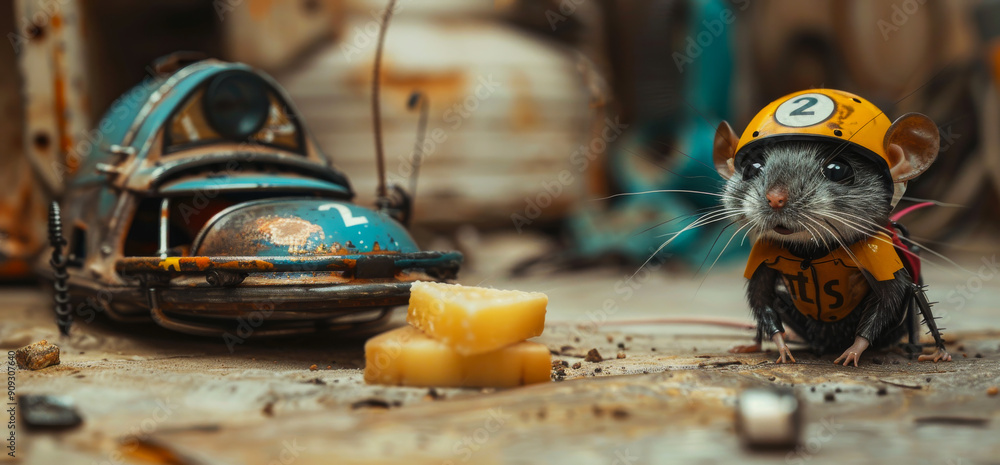 Clever Mouse in Racing Gear Near Cheese and Bumper Car. A mouse dressed in racing gear stands next to cheese and a miniature bumper car in a whimsical setting. Clever Mouse in Racing Gear Near Cheese and Bumper Car. A mouse dressed in racing gear stands next to cheese and a miniature bumper car in a whimsical setting.