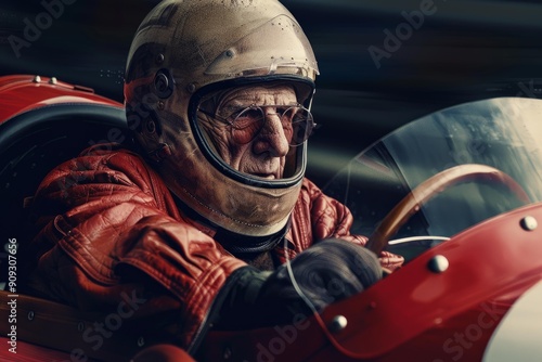 Elderly adventurous pilot with goggles drives a classic red convertible, embodying a sense of nostalgia and thrill