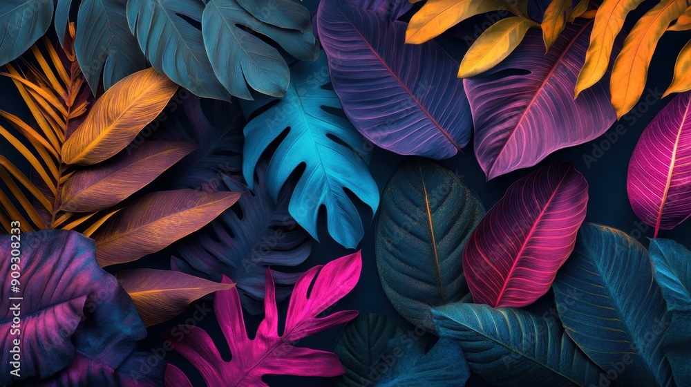 Vibrant Neon Tropical Leaves Flat Lay in Fluorescent Colors for Bold Nature Concept Vibrant Neon Tropical Leaves Flat Lay in Fluorescent Colors for Bold Nature Concept