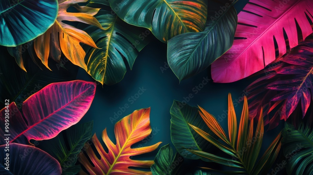 Fototapeta premium Luminous Neon Tropical Paradise Flat Lay with Vibrant Foliage Arrangement for Exotic Nature Concept
