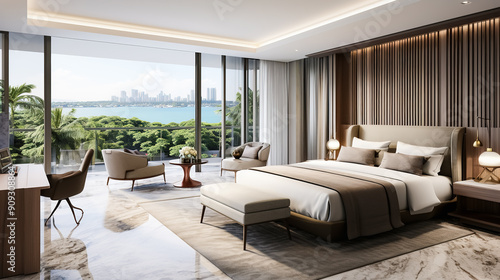 Luxury bedroom suite in hotel with swimming pool and city view. Design and architectural concept of a recreation area in a modern home.