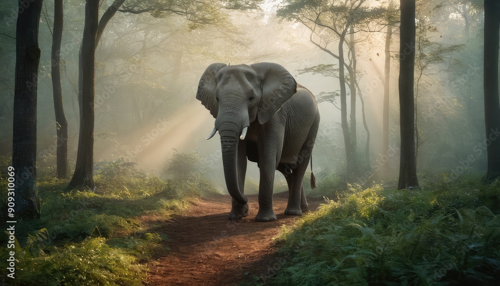 Fototapeta premium A lone elephant wanders the forest path, bathed in ethereal sunlight filtering through the canopy, capturing the timeless beauty of nature's gentle giant