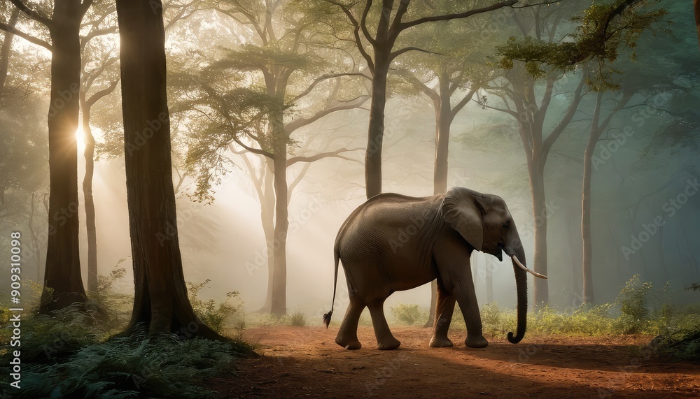 Fototapeta premium A lone elephant wanders the forest path, bathed in ethereal sunlight filtering through the canopy, capturing the timeless beauty of nature's gentle giant
