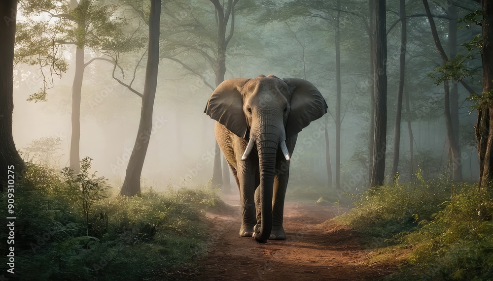 Fototapeta premium In the tranquil embrace of the forest, an elephant emerges through the morning mist, its presence exuding strength and grace against the backdrop of lush greenery